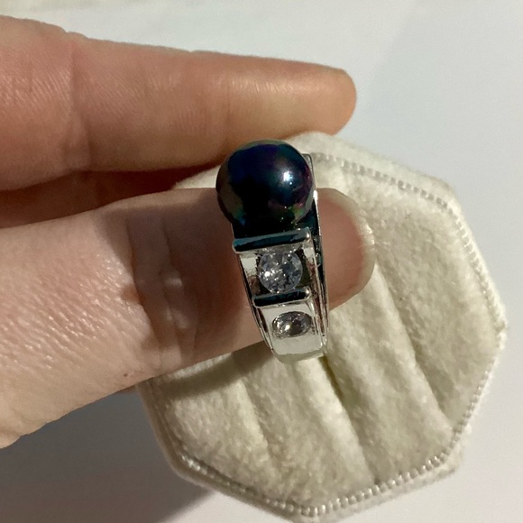 💋Gorgeous Sterling Silver Lux Black Rainbow Iridescent Tahitan Pearl & CZ ring - Picture 11 of 17